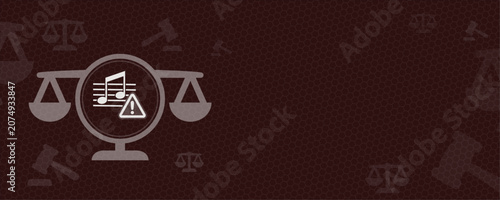 Fotografía Concept of music law with a warning symbol on scales of justice featuring copy space