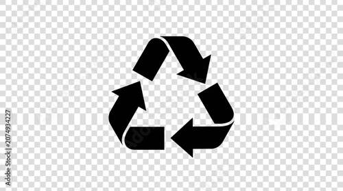 Black recycling symbol icon on transparent grid background.