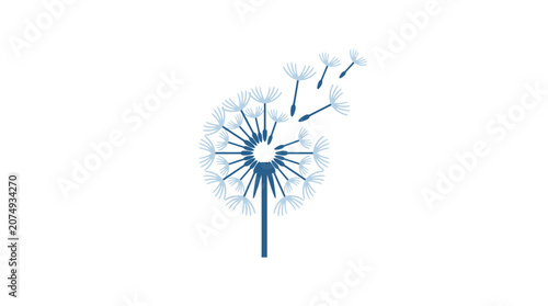 Blue dandelion blowing seeds on white background