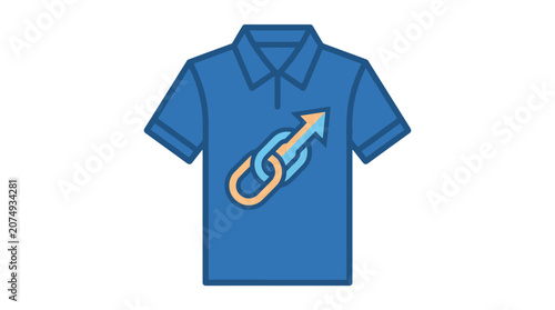 Blue polo shirt icon with link and arrow graphic.