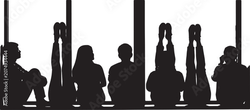 Canvas-taulu Black Solid Window Sill Observing Sitting Silhouettes Set of Six on White Backgr