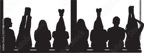 Valokuva Black Solid Window Sill Observing Sitting Silhouettes Set of Six on White Backgr