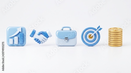 Modern 3D Business Icon Pack on White Background