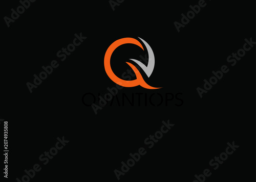 Modern abstract letter Q logo design, orange and silver Quantops branding icon, professional corporate identity vector on black background
