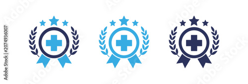Medical quality award icons with cross symbol laurel wreath and stars in blue colors.