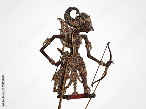 Traditional Javanese Wayang Kulit Shadow Puppet Archer Character Craftsmanship Isolated on White Background