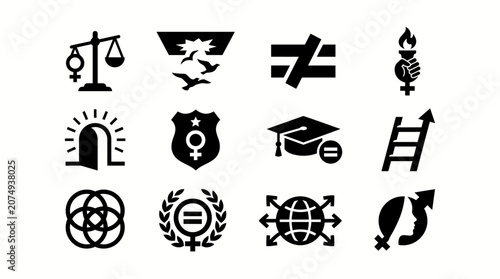 Women's Equality Day Equality Icons Black Silhouette Vector Set 12 Modern Empowerment Symbols 4K