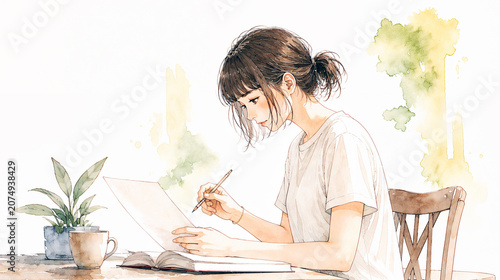 机に向かい書き物をしている女性の水彩風イラスト