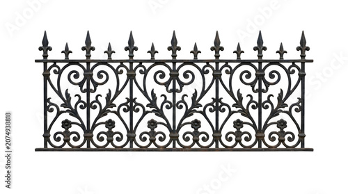 Vintage wrought iron fence with ornate scrollwork, decorative black metal railing section, antique Victorian style garden gate border on white