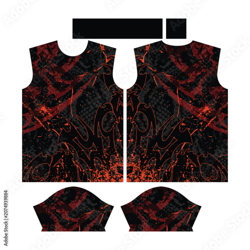 Abstract Dark Tribal and Red Cracked Pattern Sports Jersey Design Template for Sublimation Printing, Gothic Grunge Black Custom T-Shirt Vector Apparel Layout