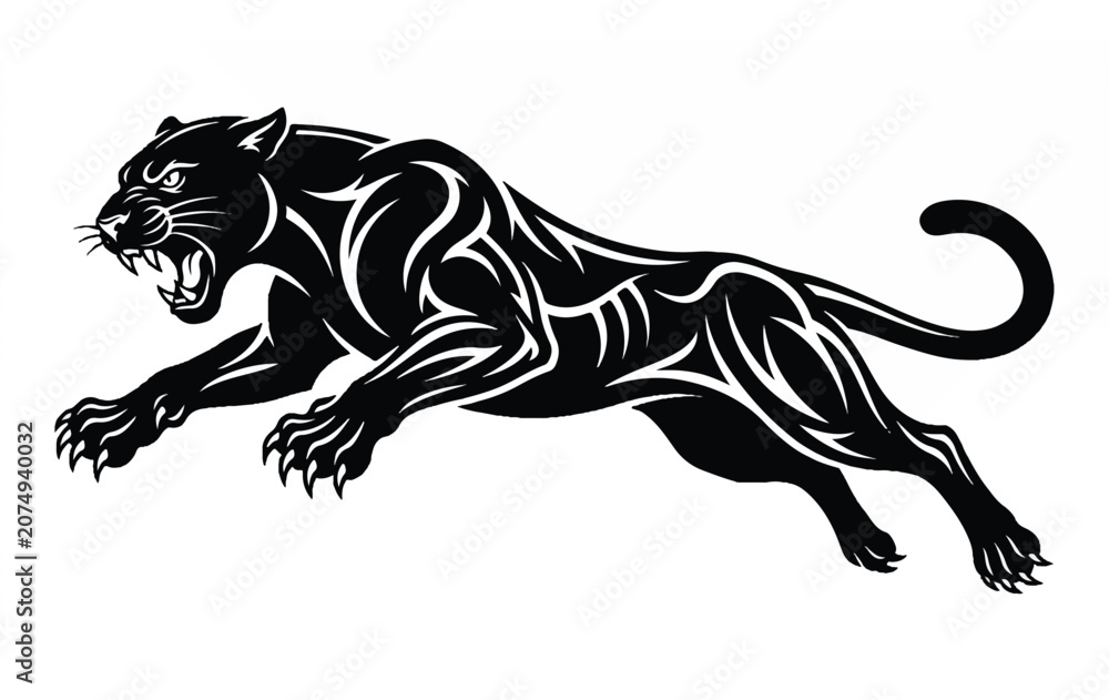 Fototapeta premium Black Panther in Motion Roaring Fiercely.