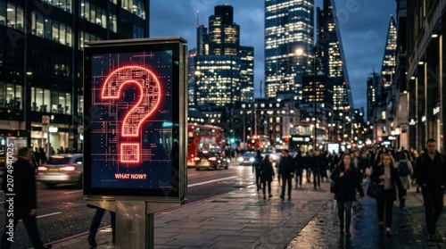 Cityscape tall buildings background foreground there Economic Uncertainty: Red Question Mark Overlayed on a Depicting