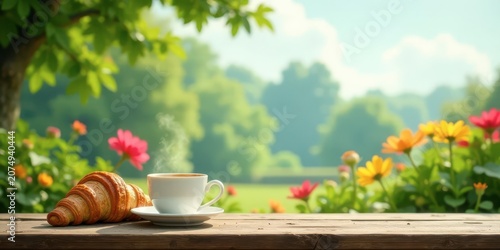 Serene Morning Coffee and Pastry on a Wooden Table with a Lush Green Garden Background