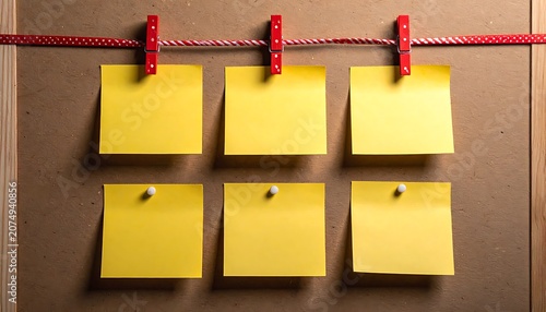 Yellow sticky notes on a line.