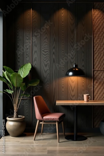 Serene Interior Design Featuring a Modern Table, Chair, and Pendant Light Against a Dark Wood Wall