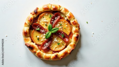 Artisanal Peach and Sausage Pizza with Crusty Edge and Herbed Cheese