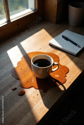 Accidental Coffee Spill on Wooden Desk Near Window with Notebook and Pen