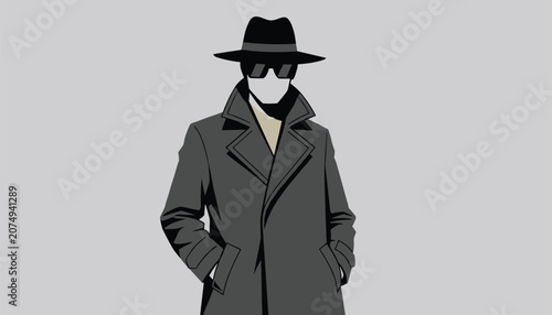 Mysterious silhouette of a person wearing a fedora hat, sunglasses, and a trench coat, evoking a classic spy or detective noir aesthetic.