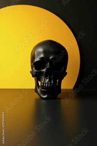 A black skull model rests on a dark surface, illuminated by a vibrant yellow semicircle backdrop, creating a striking contrast of color and form.
