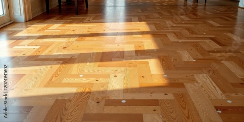 Sunlight Illuminates a Warm and Inviting Herringbone Wood Floor with Subtle Light and Shadow Play