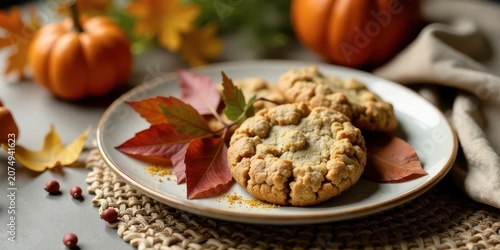 Autumnal Delights  Fragrant Oat Cookies Served on a Rustic Plate with Vibrant Fall Leaves and Miniature Pumpkins