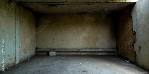 A desolate, weathered concrete chamber, featuring a simple bench and exhibiting signs of age and neglect