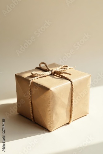 A simply wrapped gift box bathed in sunlight, showcasing a rustic and elegant aesthetic