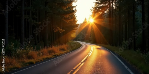 Sunlit Pathway Through a Forest at Sunset A Scenic Road Winding Through Tall Trees, Bathed in Golden Light
