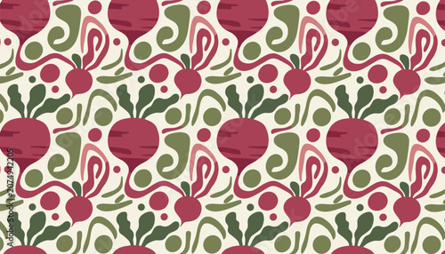 Seamless pattern of stylized beetroots and swirling green leaves, creating an organic and playful vegetable design on a cream background.