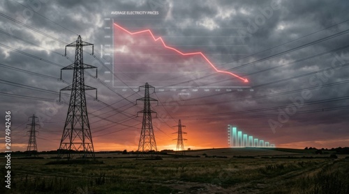 Group electricity pylons field line graph with Rising Overlay Depicting Increasing Energy Costs