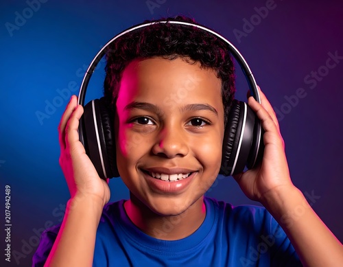 Young boy wearing headphones smiling.