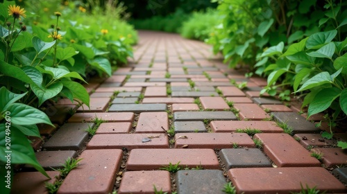 A Serene Garden Path Brick Walkway Lined with Lush Green Foliage and Blooming Yellow Flowers