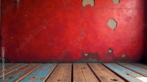 Rustic Wooden Planks Against a Weathered Crimson Wall, Ideal for Design and Artistic Applications