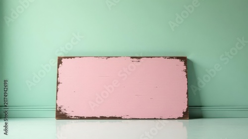 A Pink Painted Wooden Sign Against a Mint Green Wall