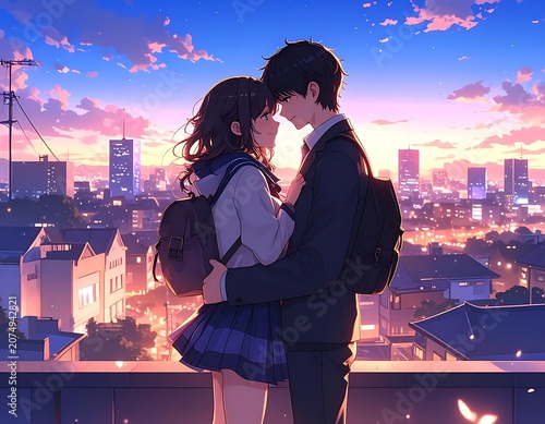 Young couple embracing in cityscape at sunset.