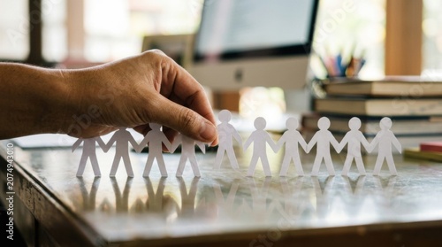 Hand holding small white paper cutout Involves diverse stakeholder voices to align decisions with shared value