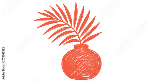 Tableau sur toile Handdrawn coral colored palm frond in a round vase isolated on transparent backg