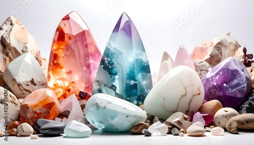 A vibrant close-up of various colorful gemstones and crystals, arranged for display on a white surface