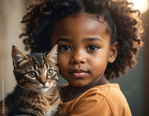 Young girl holding cute brown cat.