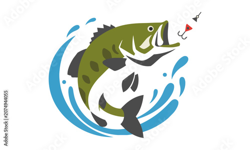Side profile of a leaping largemouth bass fish with stylized water splash elements in flat geometric color blocks isolated on a white background wildlife concept