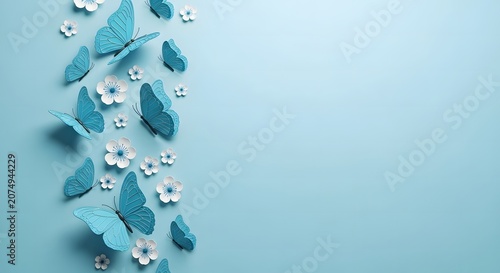 Beautiful blue butterflies and white flowers artistic composition on light background