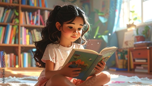 Young girl reading book in library.