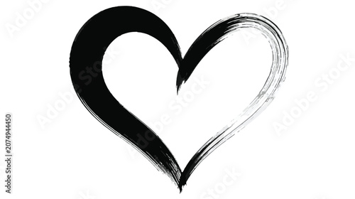 Abstract black and white heart shape drawn with a brush stroke isolated on transparent background