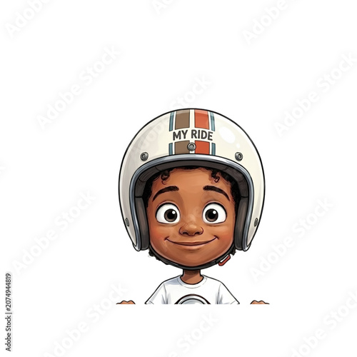 Cartoon Vector Avatar of a Smiling Boy Wearing a Retro Motorcycle Helmet