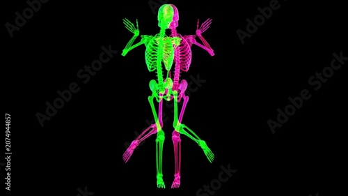 Neon Pink and Green 3D Skeleton Dancing with Glitch Trail Effect on Black Background