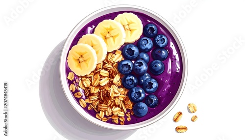 A vibrant, close-up overhead shot displays a colorful smoothie bowl. Garnished with sliced bananas, blueberries, and granola. The bowl is set against a simple white backdrop