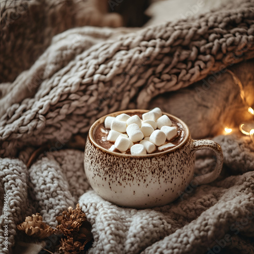 Cozy Hot Chocolate with Marshmallows and Chunky Knit Blanket