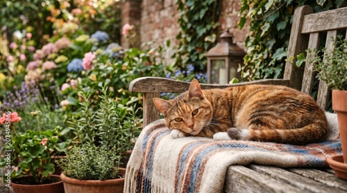 Brown cat resting on garden furniture.