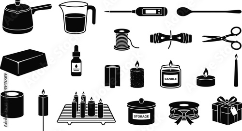 Foto Candle Making Kit and Equipment Icon Set with Wax Melting Pot Fragrance Oils and