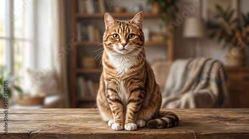 Brown Tabby Cat Sitting Indoors Calmly.